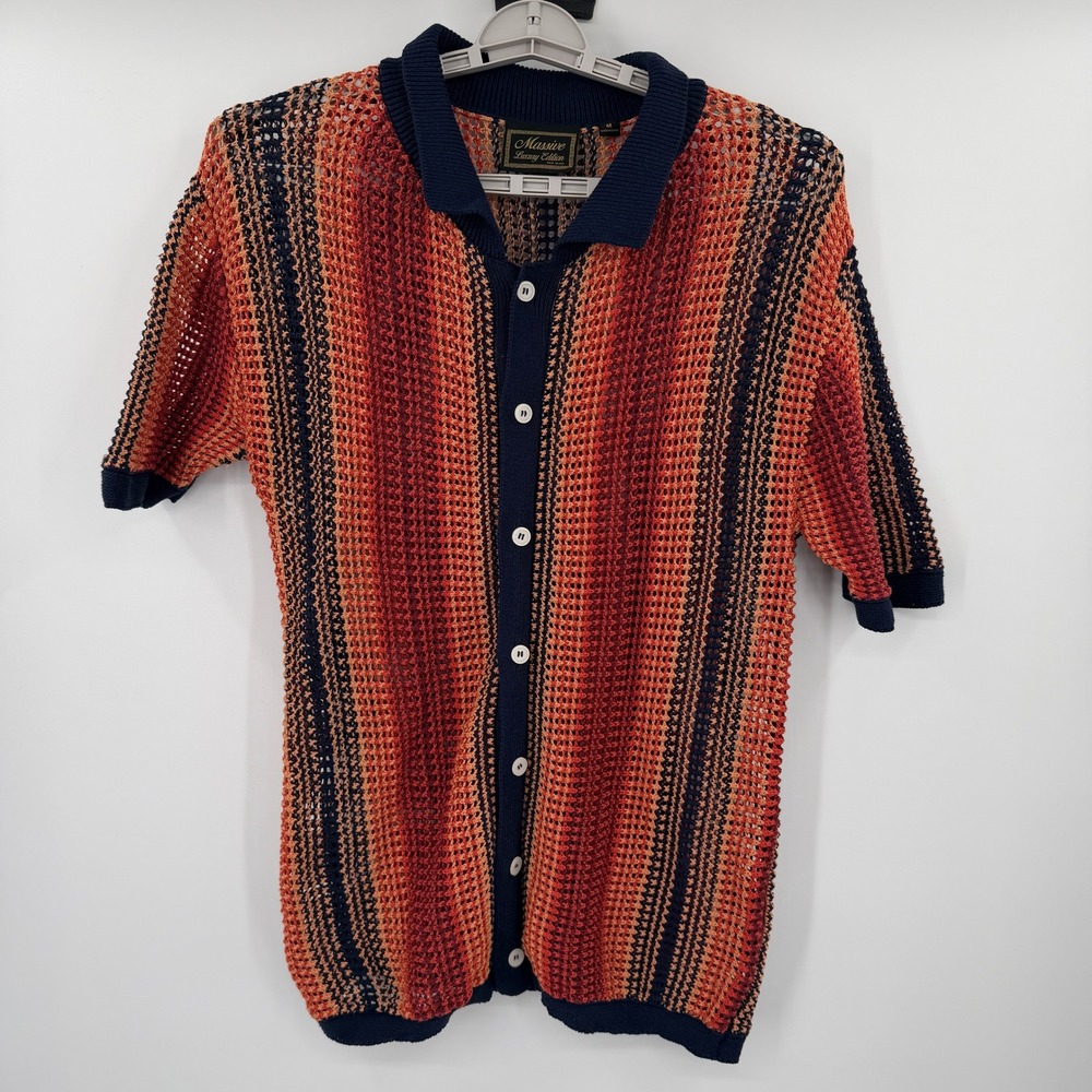 Massive Luxury Edition Mens Medium Knit Crochet Striped Button Up Polo Shirt